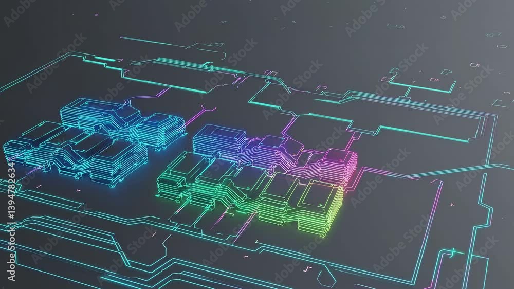 Poster interactive digital representation of a futuristic urban layout with vibrant color coding and detail