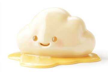 Fototapeta premium A happy, melting cloud-shaped confection, creamy yellow, spills onto a white background.