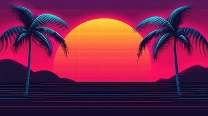 Naklejka premium Vibrant Sunset with Palm Trees and Vibrant Colors in Retro Style