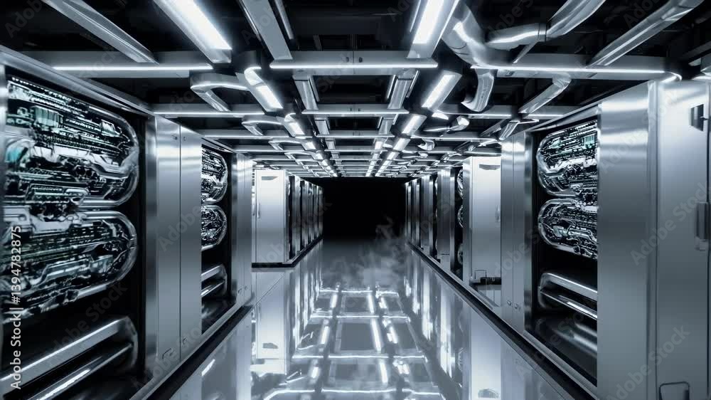 Poster exploration of a modern data center with advanced technology and sleek design
