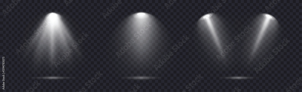 Wall mural spotlight set realistic on transparent bg with reflection on floor. light sources on dark wall, real