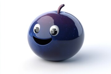 A happy, dark-blue plum with a shiny surface and cartoon eyes.