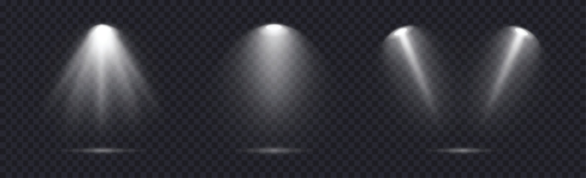 Spotlight set realistic on transparent bg with reflection on floor. Light sources on dark wall, realistic soft concert light on abstract stage png. White projector scene with rays, vector illustration
