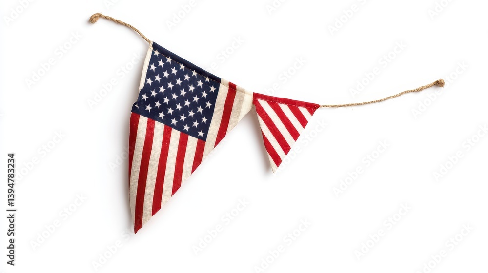 Poster patriotic bunting with faded red and blue triangular flags on a rustic twine, isolated on white back