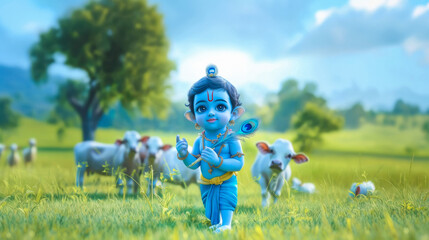 Baby krishna holding peocock feather playing cow