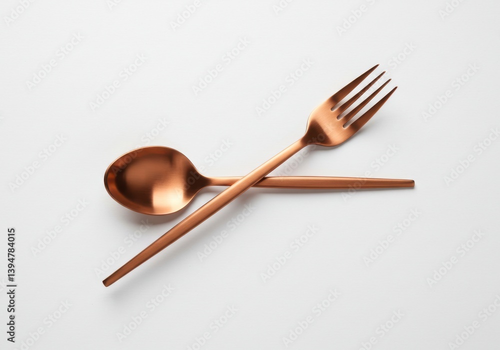 Poster a copper spoon and fork are crossed on a white surface in a minimalist presentation style image isol
