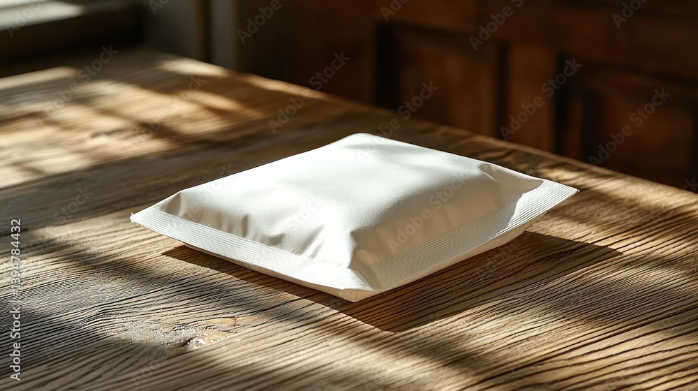 Poster package resting on a rustic wood table, sunlight casting shadow patterns
