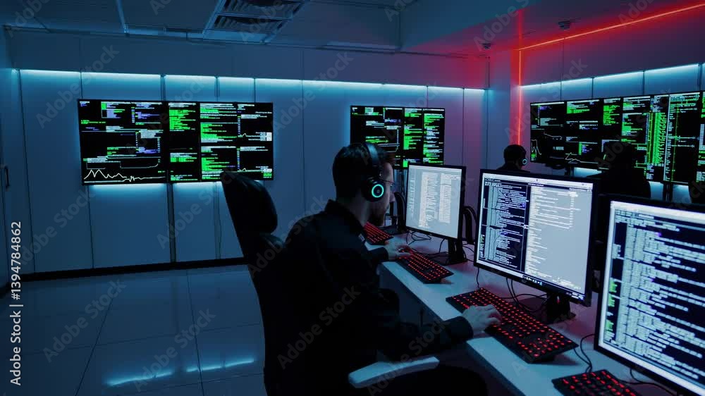 Poster expert programmer works intensively in modern coding environment with multiple screens and data visu