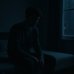 Mann sitzt allein im dunklen Zimmer – Symbolbild für Depression, Grübeln und Isolation
