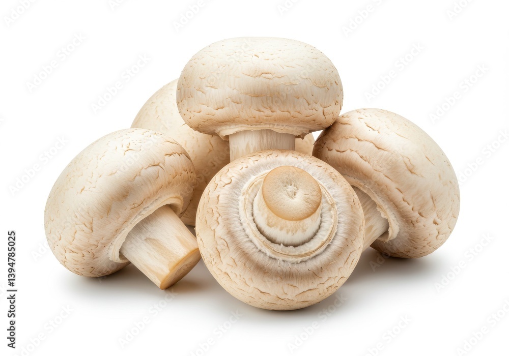 Poster a group of five white button mushrooms clustered together on a plain white surface in a studio shot 