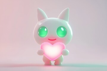 Adorable 3D cartoon cat holding a glowing pink heart, symbolizing love and affection.