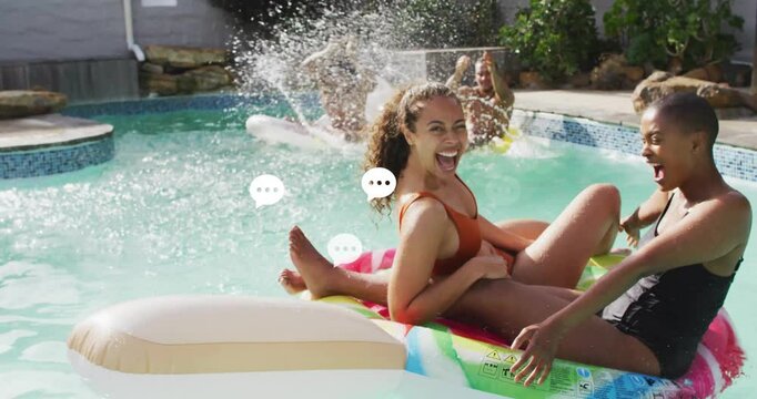 People enjoying pool party with inflatable floats and chat bubble animation
