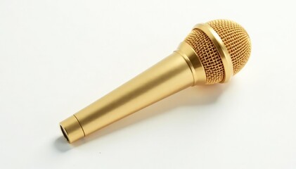 Close-up shot of a single gold microphone isolated on white , hip hop music, luxury, golden