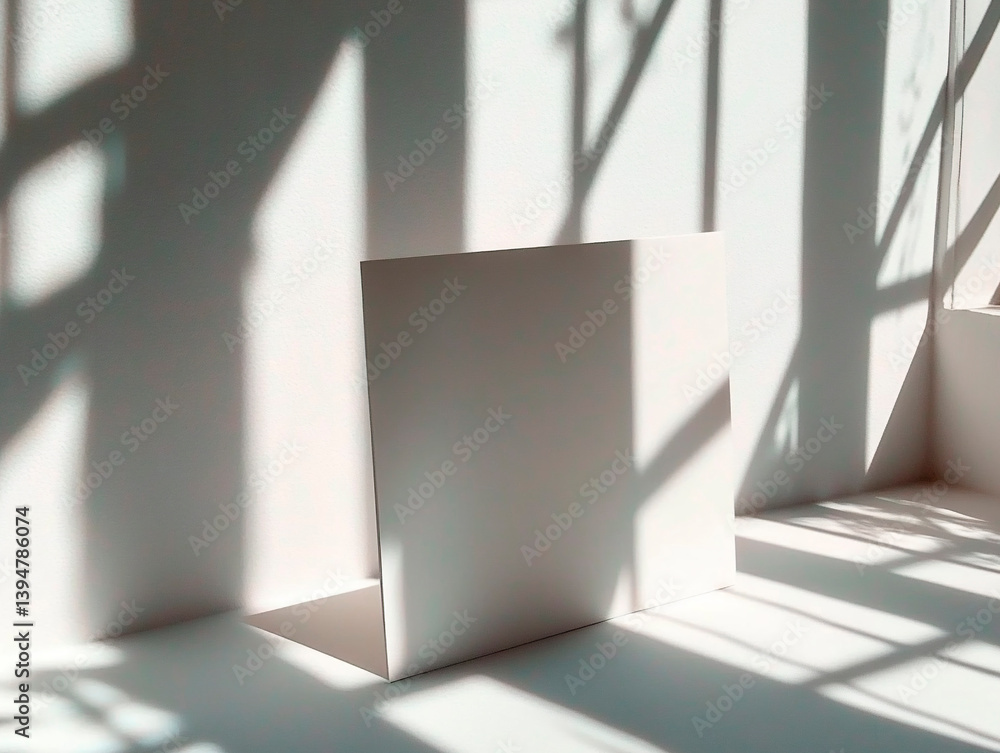 Aufkleber minimalist white card standing on a bright surface with dramatic sunlight and shadows creating abstr