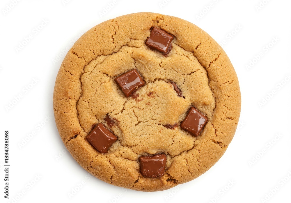 Poster a single chocolate chip cookie on a white background with visible cracks and chocolate chunks evenly