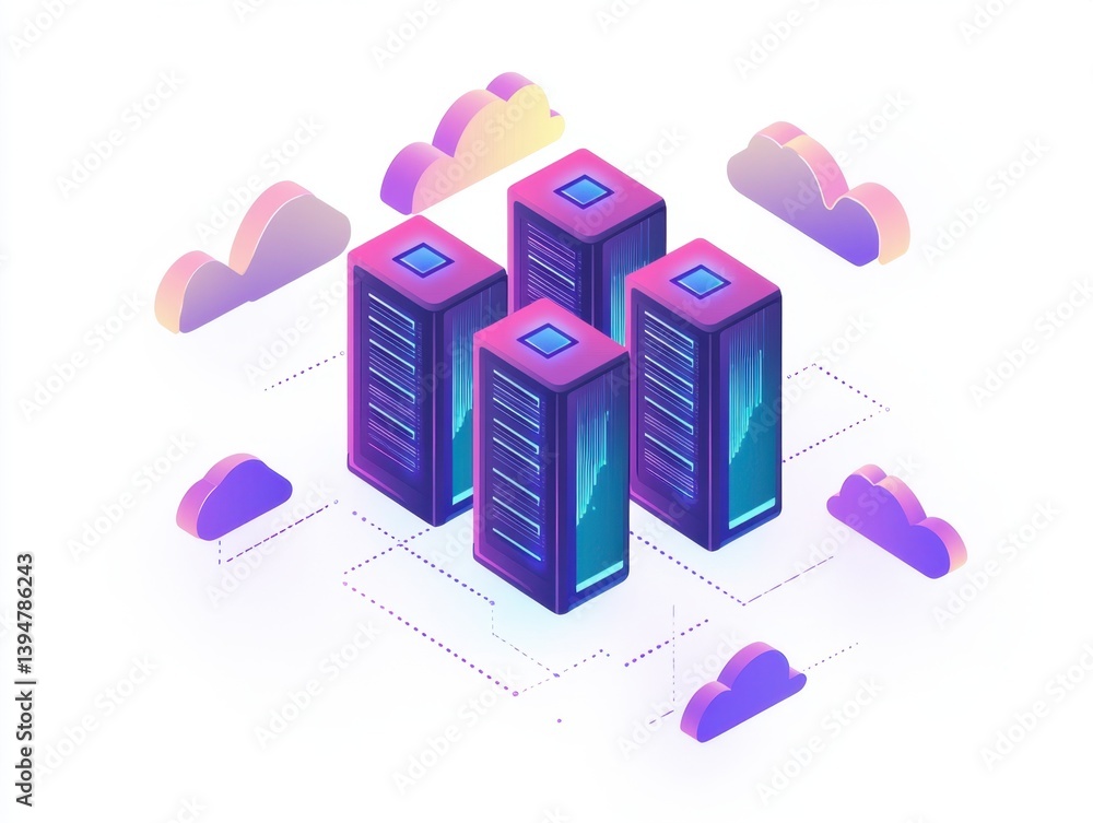 Poster isometric data servers with cloud computing network on white background for digital solutions