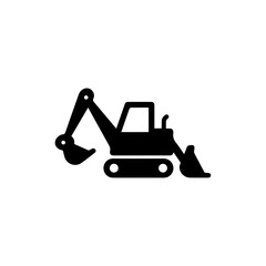 Side View of Backhoe Loader Icon in Minimal Black Style for Construction