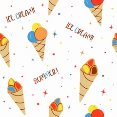 Seamless ice cream pattern. Delicious street food, confectionery. Cone-shaped waffles with filling, ice cream balls in a cup, ice cream in a cone. Flat art cute cartoon background for print, banner