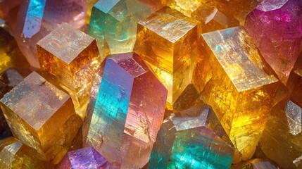 Pile of colorful, transparent, and geometric crystals close together