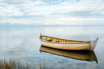 Fototapeta premium Lake Titicaca with traditional reed boat floating near Uros Islands