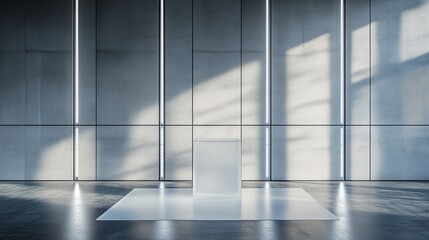 Obraz premium A structured concrete panel wall featuring symmetrical LED insets. A frosted glass podium sits at the center, casting soft shadows over the seamless resin floor.