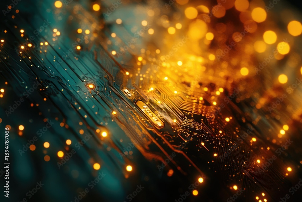 Poster Close-up of a circuit board with glowing components, showcasing intricate pathways and technological advancements.