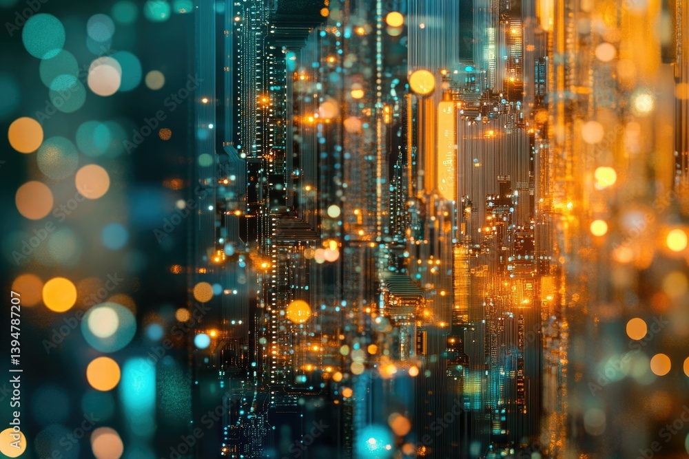 Poster abstract digital cityscape with glowing lines and bokeh, evoking technology and futuristic urban con