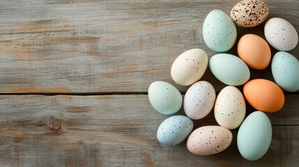 Pastel speckled Easter eggs arranged on a rustic gray wooden background. Top view, copy space.