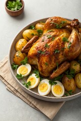 A delightful photo of a delicious baked chicken with a side dish of potatoes and fresh herbs for dinner inspiration

