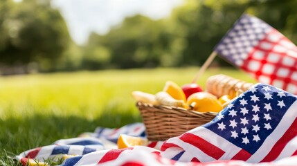 Patriotic picnic basket with fruit and pastries on a blanket outdoors, American flags in the background.
