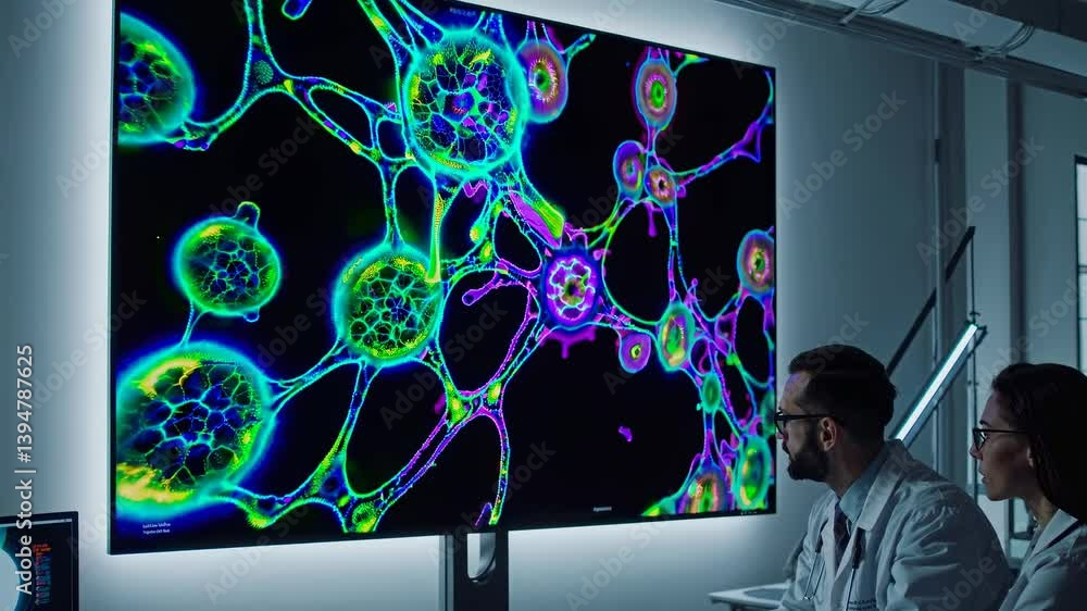 Poster scientists observe vibrant cellular structures in a modern lab setting