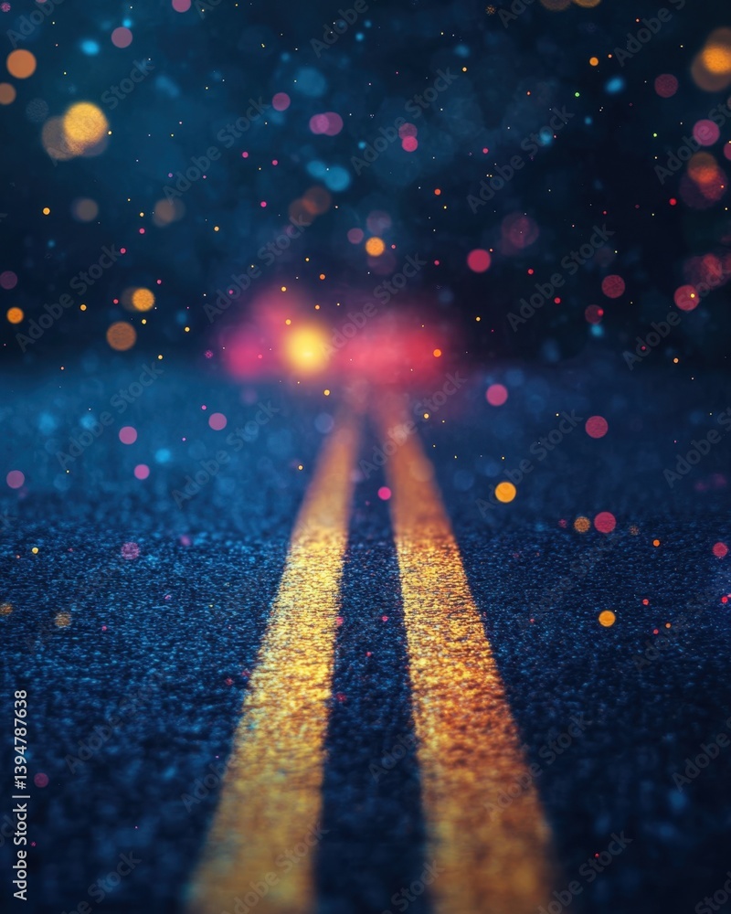 Poster asphalt road illuminated by colorful bokeh lights creating a dreamy and magical urban nightscape wit