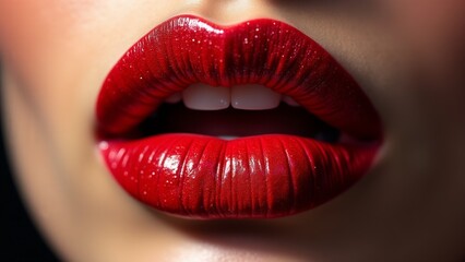 Fototapeta premium Woman's Lips With Shiny Red Lipstick