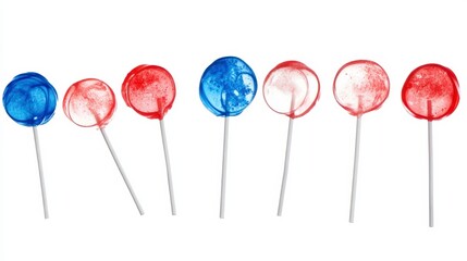 Row of red and blue lollipops on white background