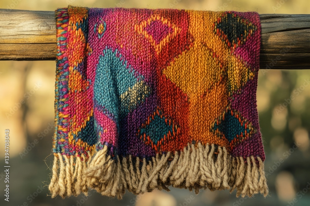 Poster vibrant handwoven textile with multicolored geometric patterns and a natural fiber fringe.