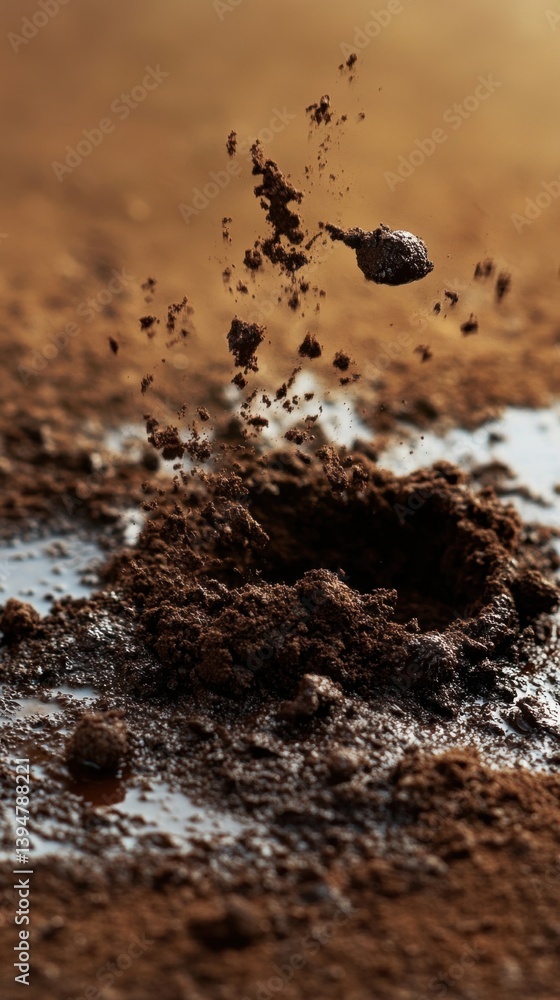 Poster dynamic splash of rich dark brown coffee grounds creating a textured surface with a captivating visu
