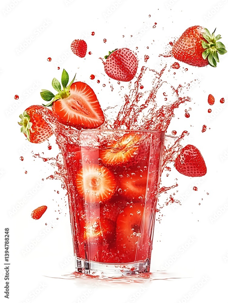 Poster strawberry splash: a refreshing and invigorating scene where a glass bursts forth with vibrant straw