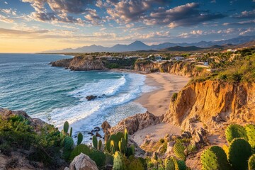 Coastline of Oaxaca with rocky cliffs, crashing waves and golden light