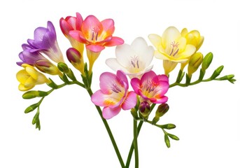Naklejka premium A colorful bouquet of freesia flowers in various shades against a stark white background image view isolated on white background