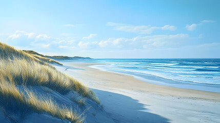 blue beach scene with soft sand and gentle waves, evoking a relaxing holiday atmosphere 