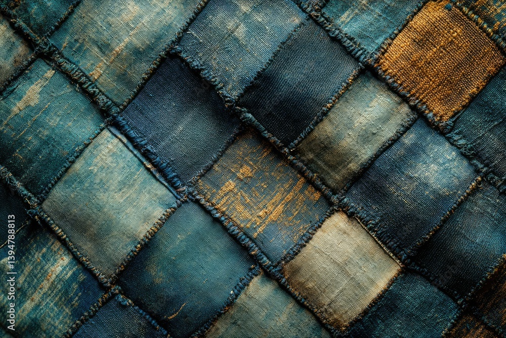 Poster a patchwork of faded blue and gold fabrics stitched together in a diamond pattern, showcasing textur