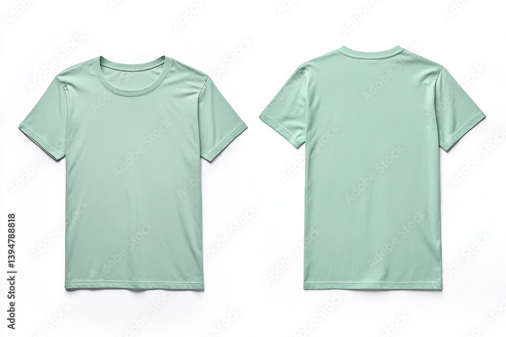 Poster simple mint green t-shirt displayed from front and back angles on a white background for clothing pr