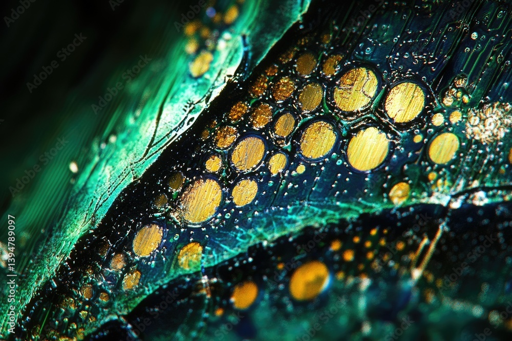 Leinwandbilder abstract art featuring teal and gold, close-up view of textured paint with circular patterns.