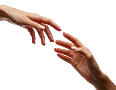 "Women's hands reaching toward each other isolated on white background, ideal for illustrating connection, support, empathy, friendship, unity, and emotional or social concepts."


