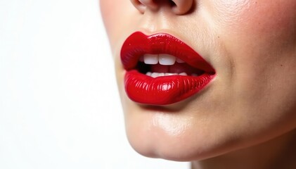 Obraz premium Close-up vibrant red lipstick, stark white backdrop, lip, matte