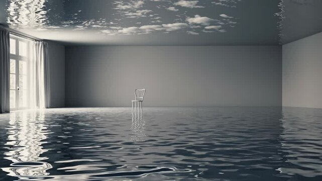 Flooded minimalist interior with reflective water surface