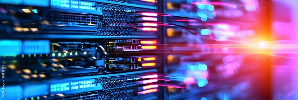 Poster Futuristic technology data center with server racks and network cables
