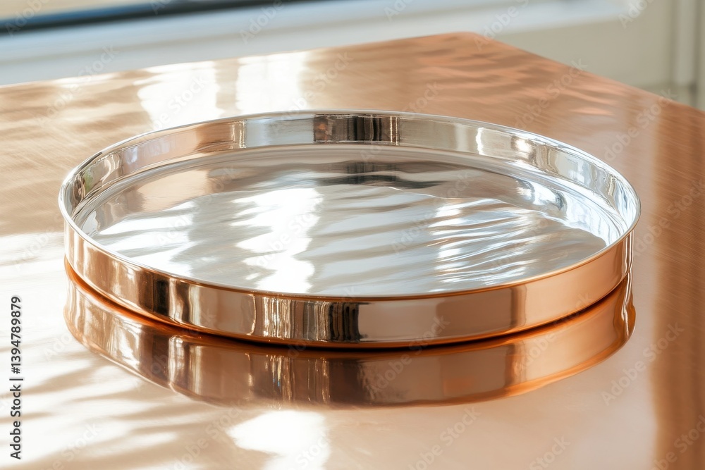 Poster elegant round metal tray resting on polished copper table surface in well-lit indoor setting during 