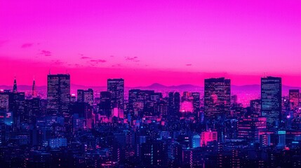 Obraz premium Vibrant Night Skyline with Neon Hues Over City Landscape at Dusk