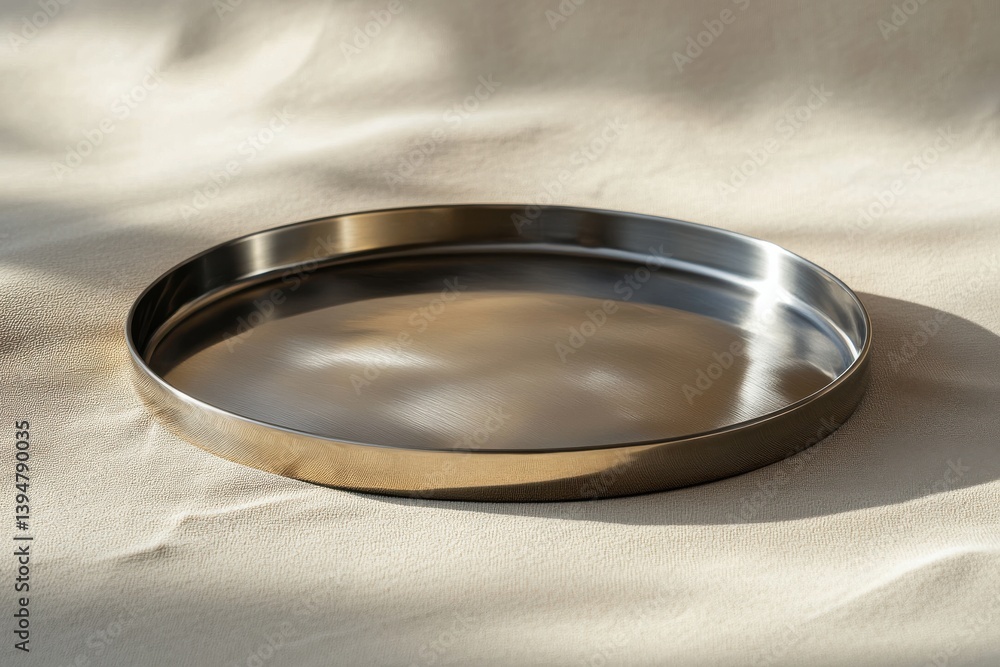 Poster stylish and sleek metal tray on soft fabric background with natural light highlighting its surface